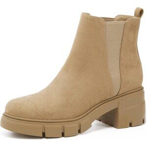 Redtop Women's Beige Faux Suede Elastic Chunky Block Heel Lug Sole Ankle Boot